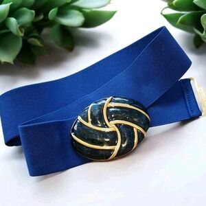 Vintage DAY LOR USA Blue Gold Enamel Buckle 2" Wide Blue Elastic Stretch Belt